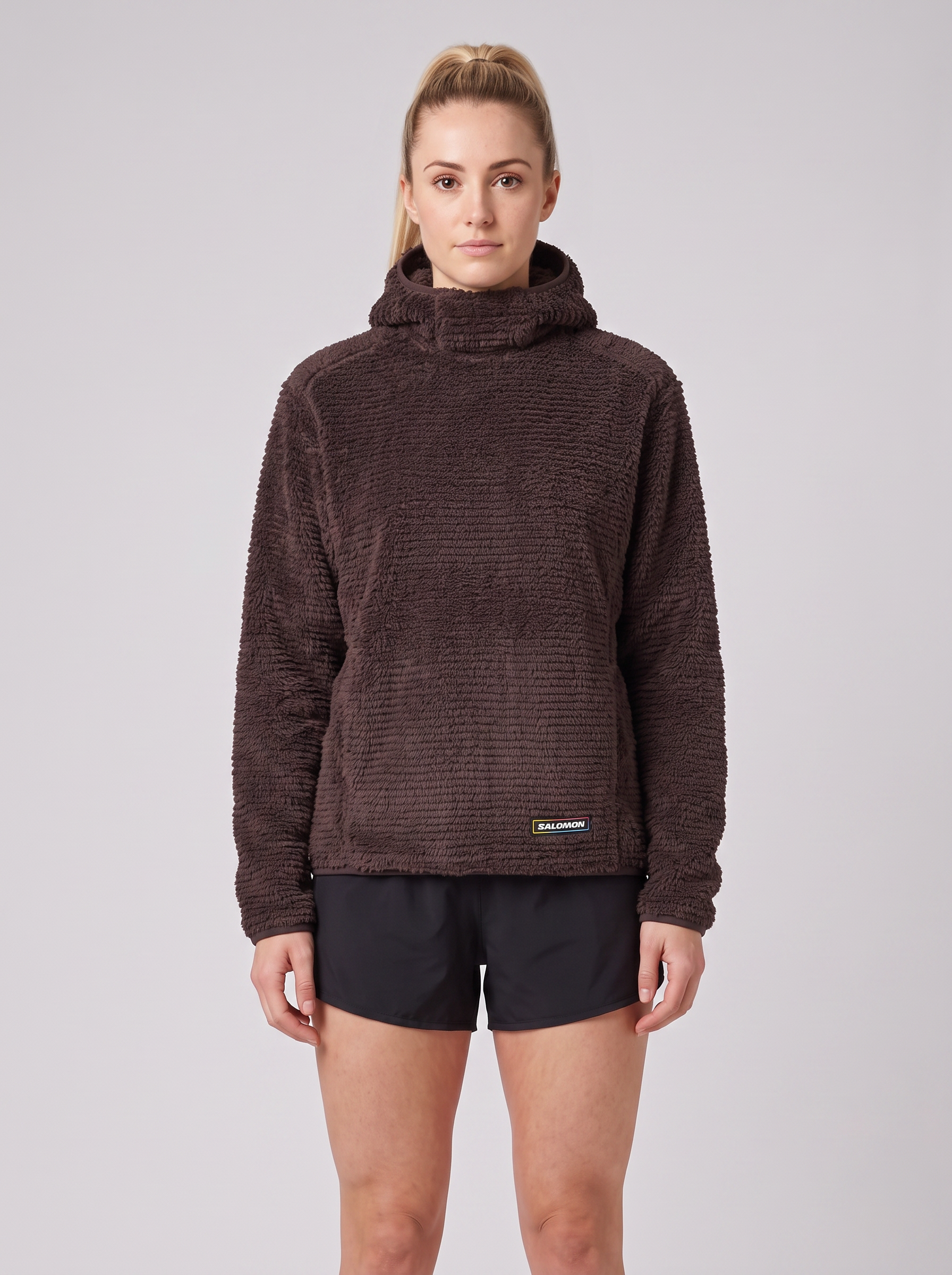 Womens Salomon THERNOVA FLEECE HD Coffee Bean Jackets — on model
