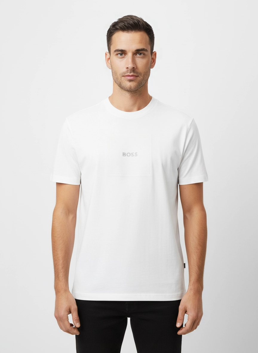 BOSS Green Tee Logo Rib White T Shirt - Model Shot