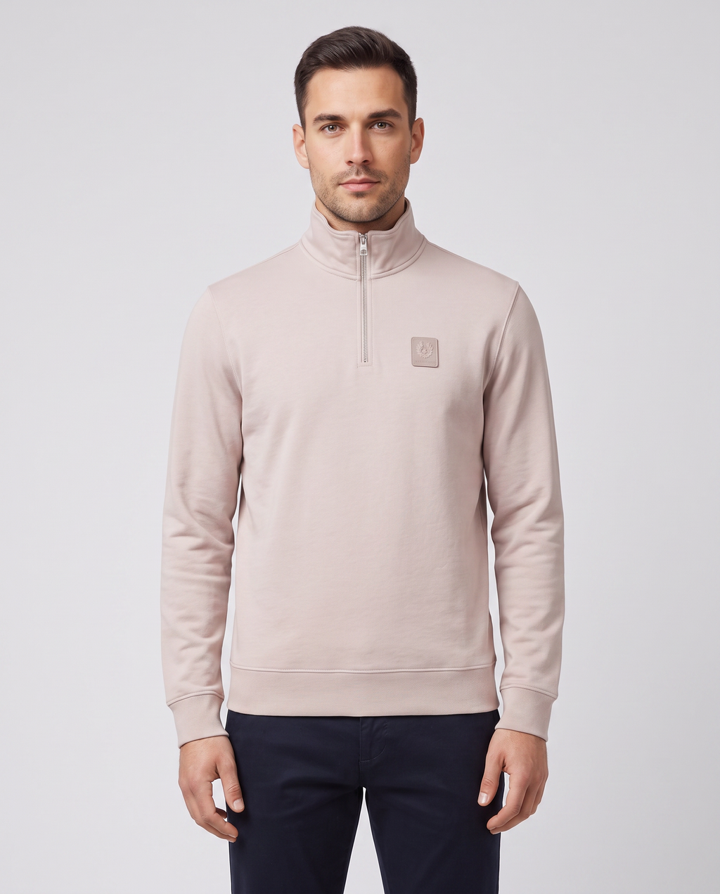 Mens Belstaff Curator Quarter Zip Concrete Sweatshirt — on model