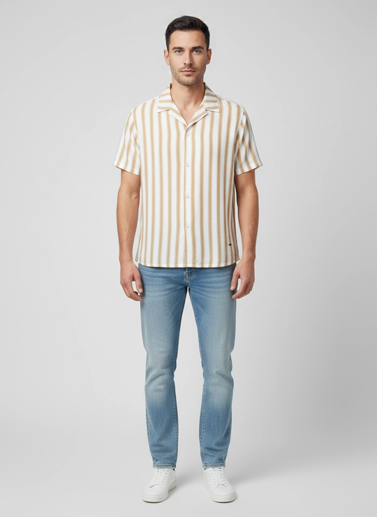 Mens BOSS Black Beach Shirt in Natural & Piranha Natural Swim Shorts Set
