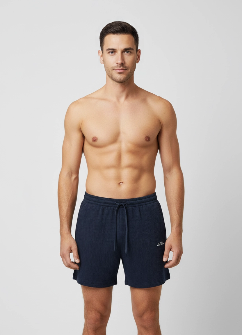 Mens Les Deux Navy Stan Seersucker Swim Shorts on model