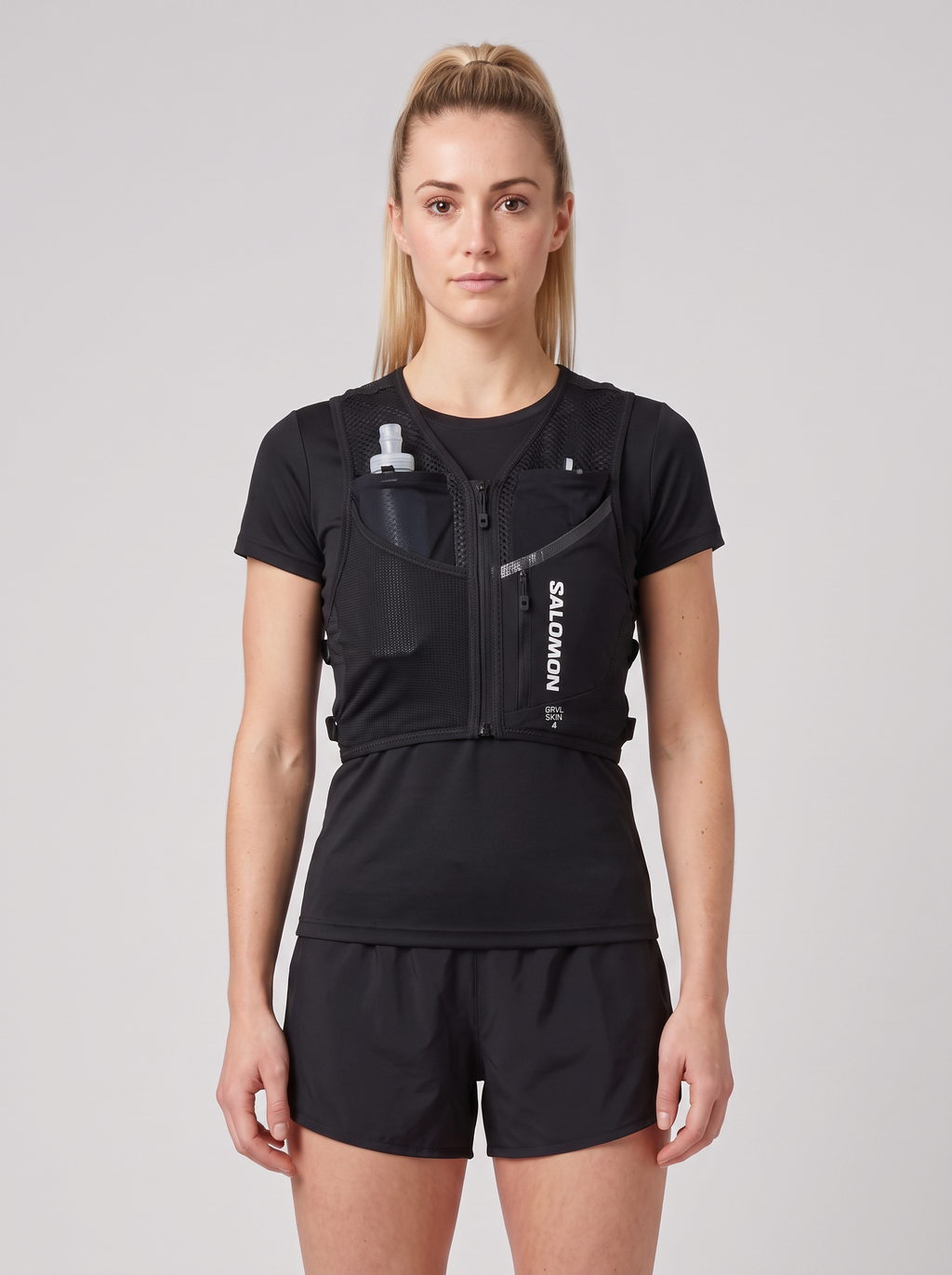 Womens Salomon Gravel Skin 4 Hydration Vest Black — on model