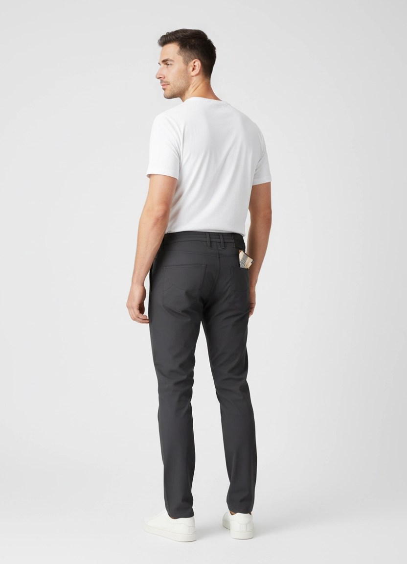 Mens Jacob Cohen Pharrell Active Relaxed Carrot Black Tech Pants back view on model