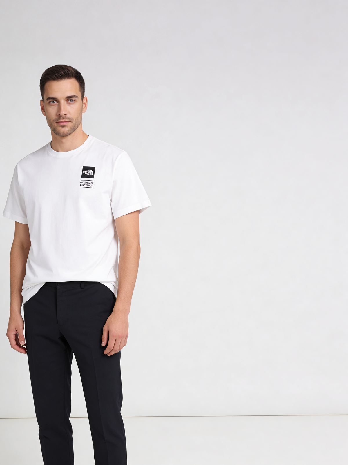 Mens The North Face Icon CEL RG SS TNF White T Shirt - Model Front