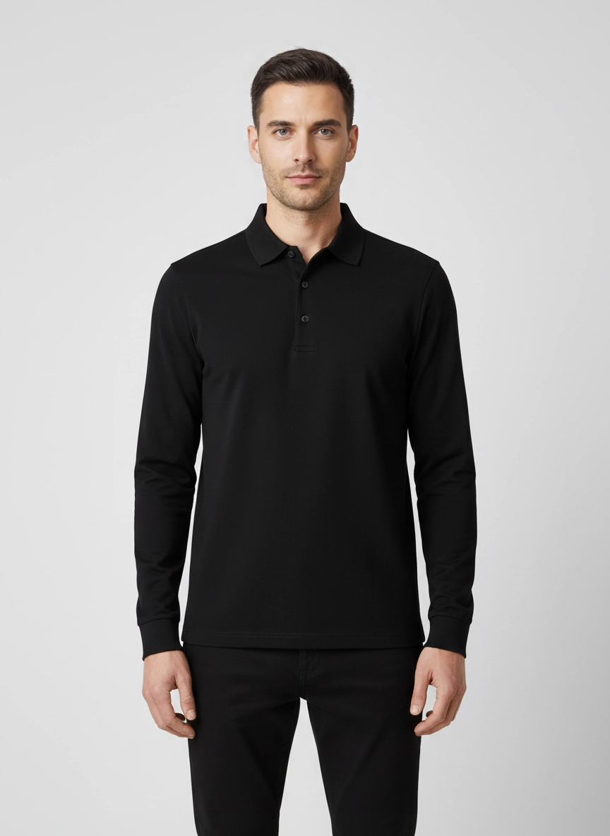 Men's Gran Sasso Black Long Sleeve 3 Button Mercerised Polo Shirt on model