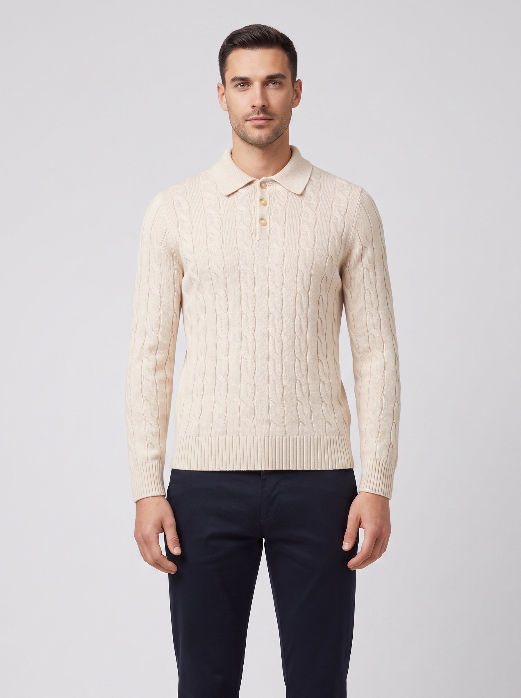 Men's Gran Sasso Oat Long Sleeve Cable Knitted Polo — on model