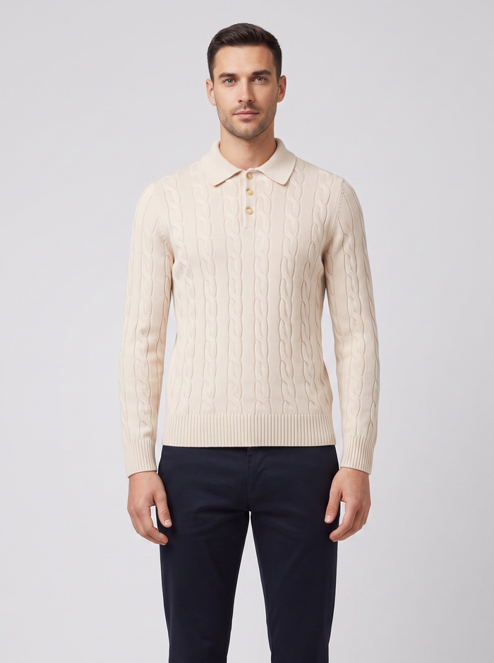 Men's Gran Sasso Oat Long Sleeve Cable Knitted Polo