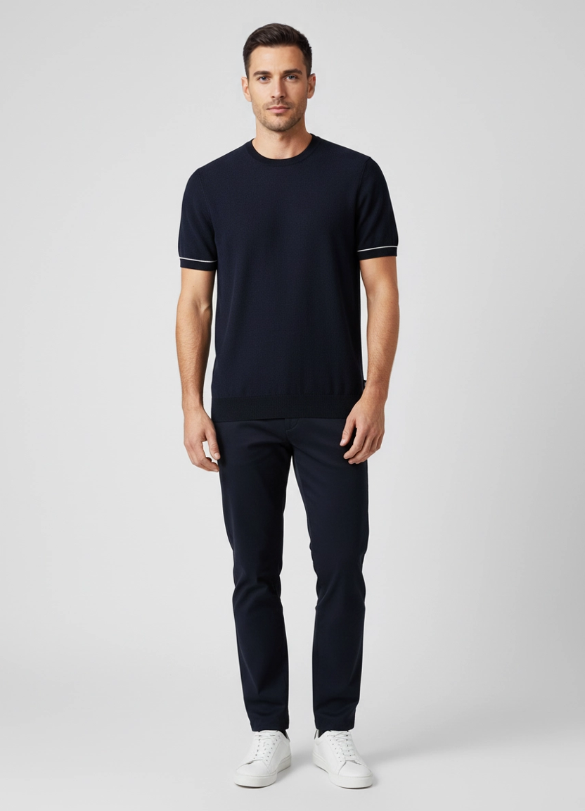 Mens BOSS Black H-Jianfranco Dark Blue Knitted T Shirt on model
