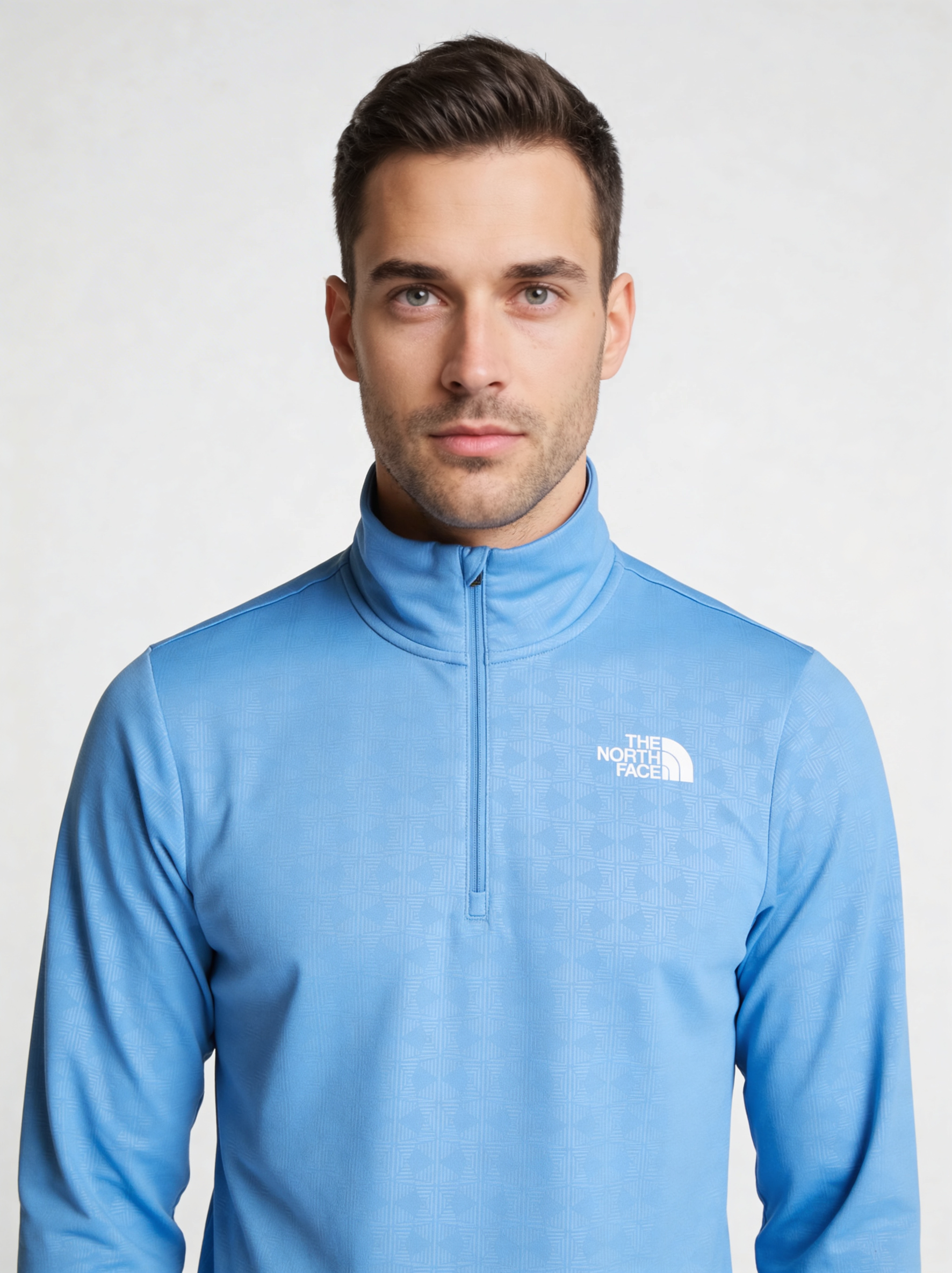 Mens The North Fcae 24/7 PT EMB Marina Blue 1/4 Zip Top - Model Front