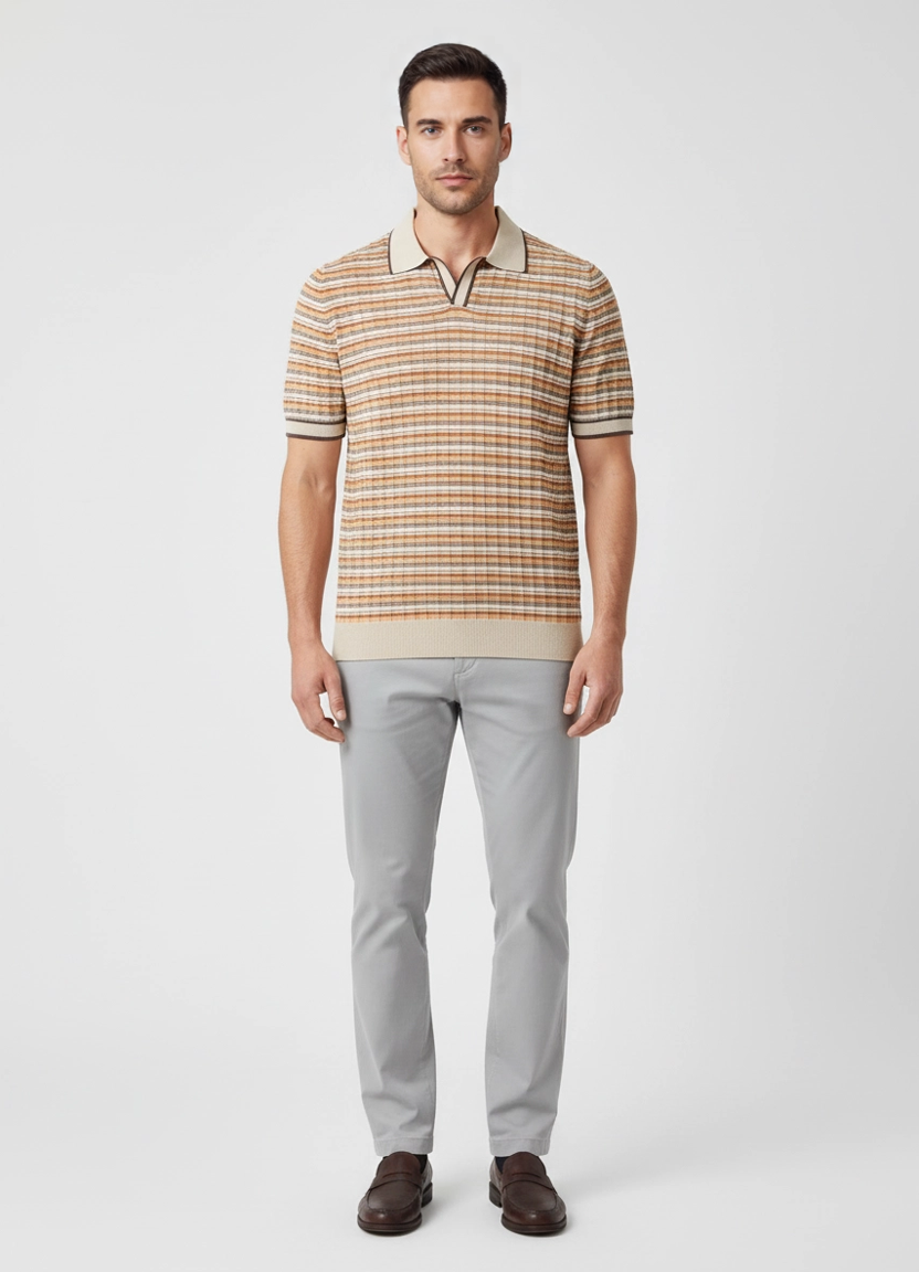 Men's Gran Sasso Beige Stripe Knit Open Collar Polo Shirt on model