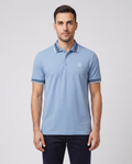 Men's Sandbanks Dusty Blue Gradient Rib Polo Shirt — on model