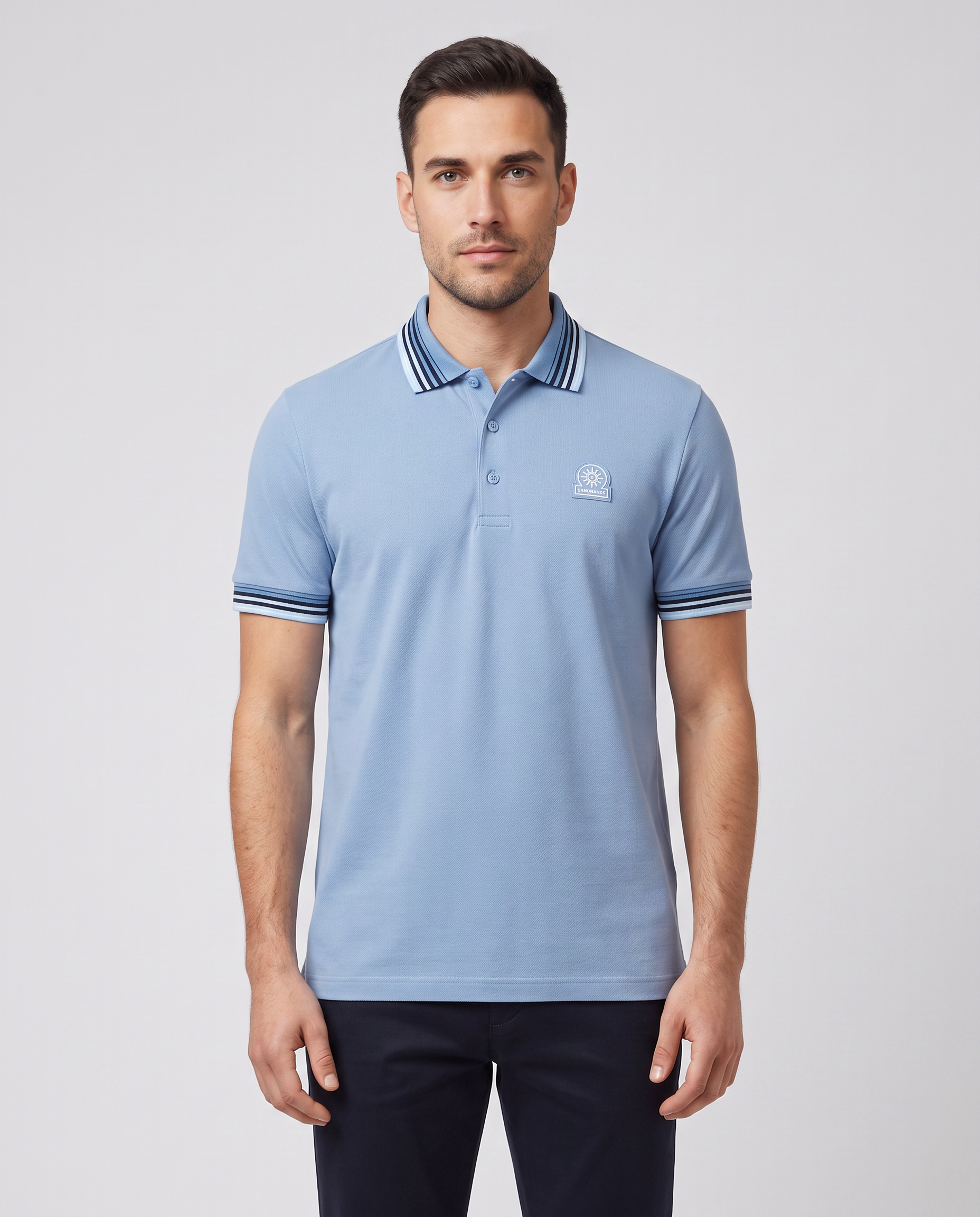Men's Sandbanks Dusty Blue Gradient Rib Polo Shirt — on model