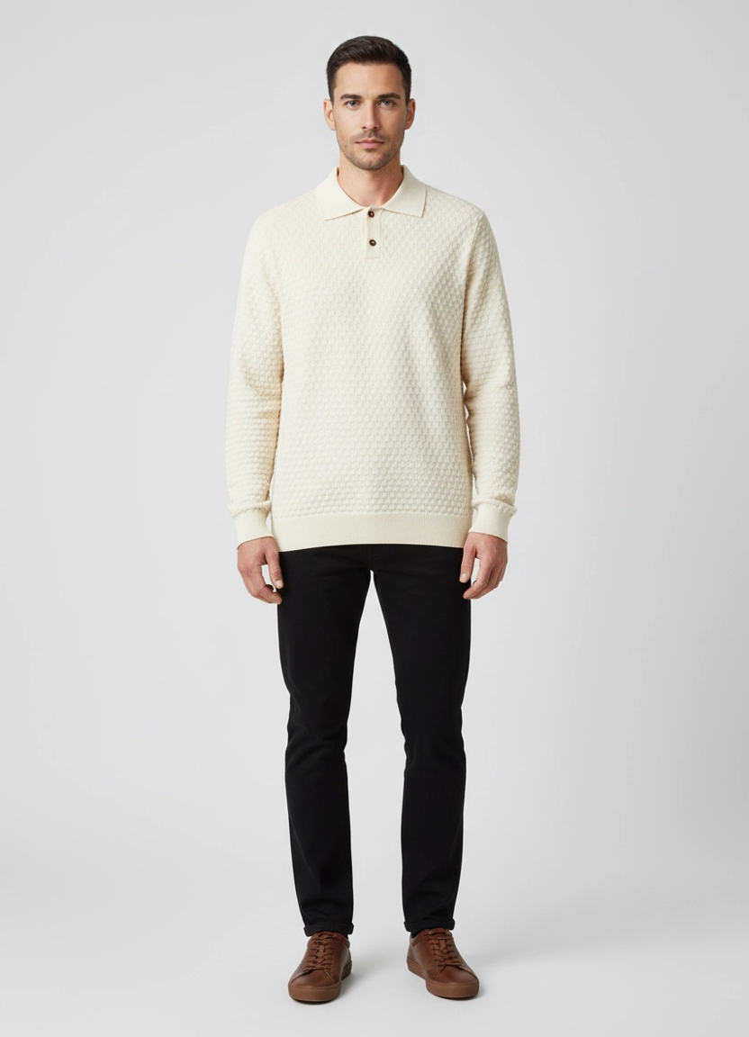 Mens Les Deux Light Ivory Billy Weave Knitted LS Polo on model
