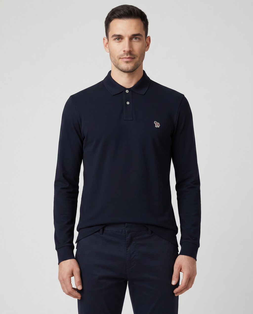 Mens Paul Smith Dark Navy Regular Fit Long Sleeve Polo Shirt — on model