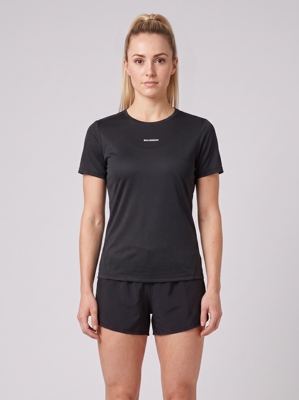 Womens Salomon Shakeout Core T Shirt in Black — on model