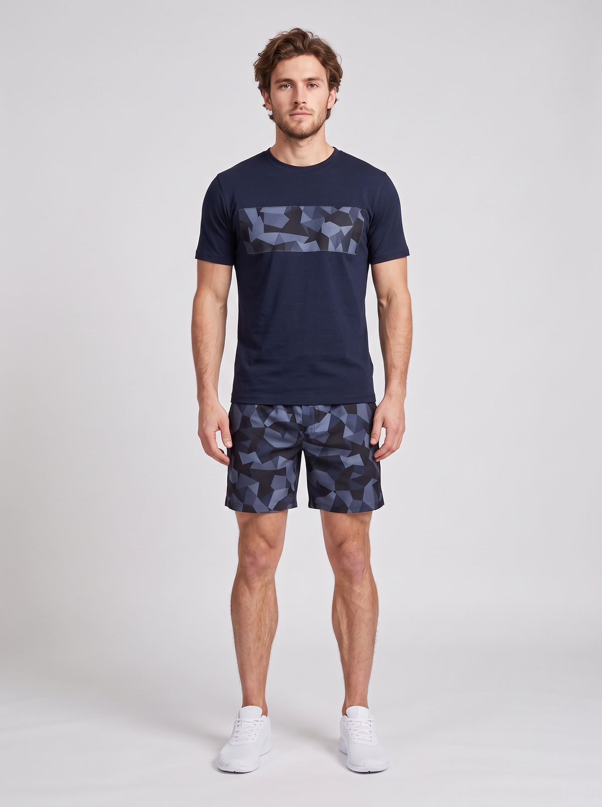 Men's Catini Astratto T-Shirt in White / Navy & Astratto Shorts in Navy Set — on model