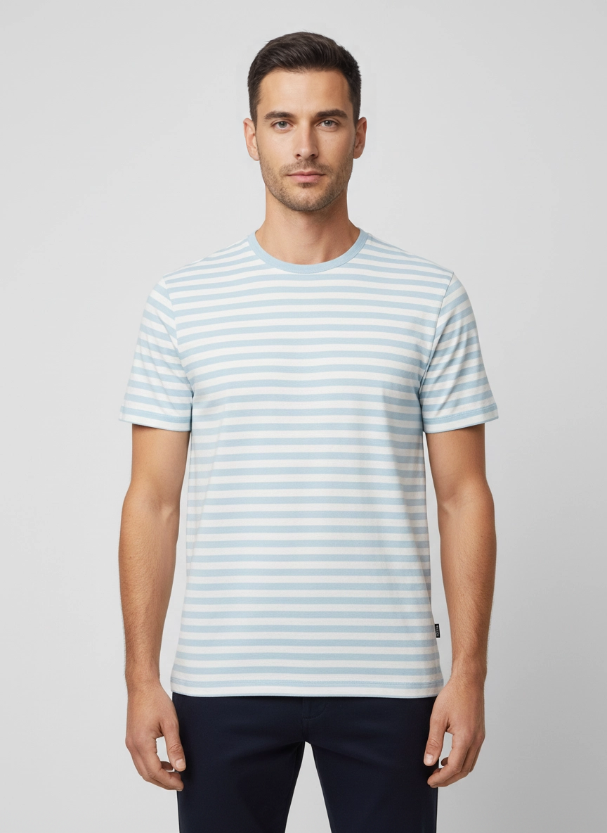 Men's BOSS Black Tiburt 457 Pastel Blue Striped T Shirt on model