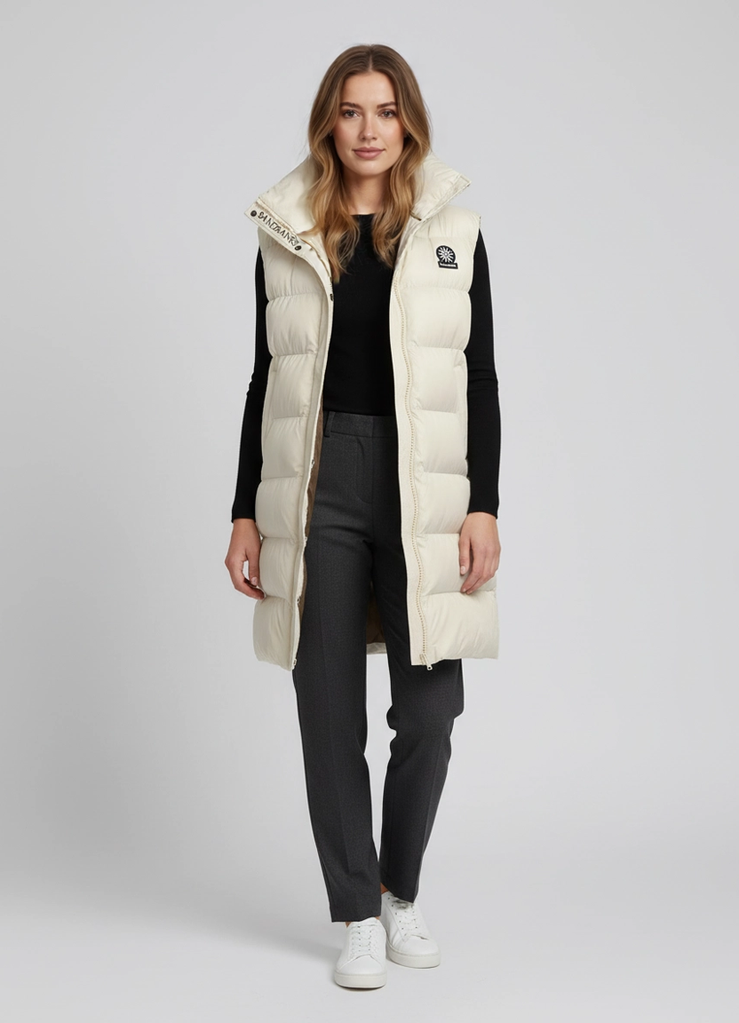 Women's Sandbanks Stone Bay Long Hooded Gilet on model
