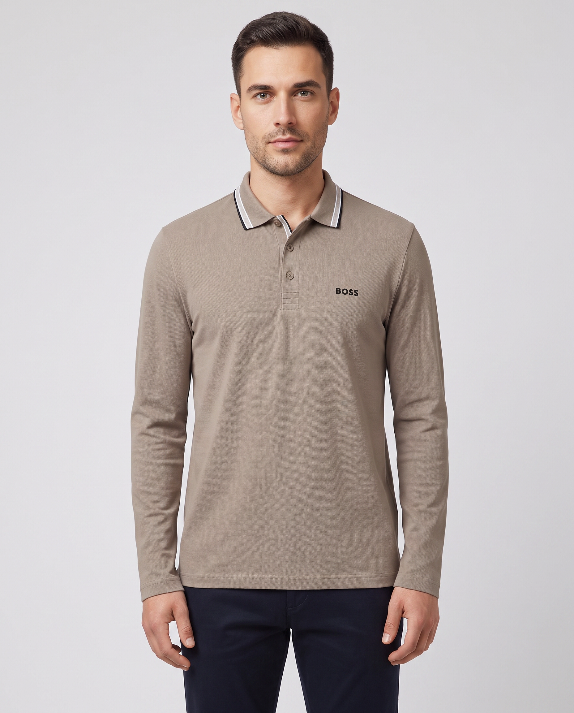 BOSS Green Plisy Light Beige Polo Shirt — on model