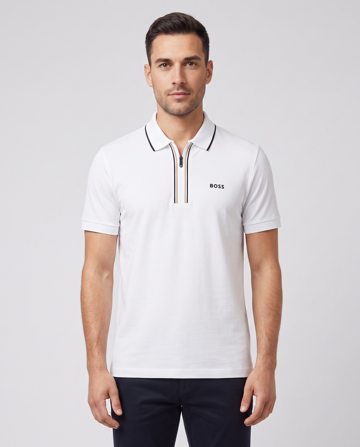 BOSS Green Philix GOC White Polo Shirt — on model