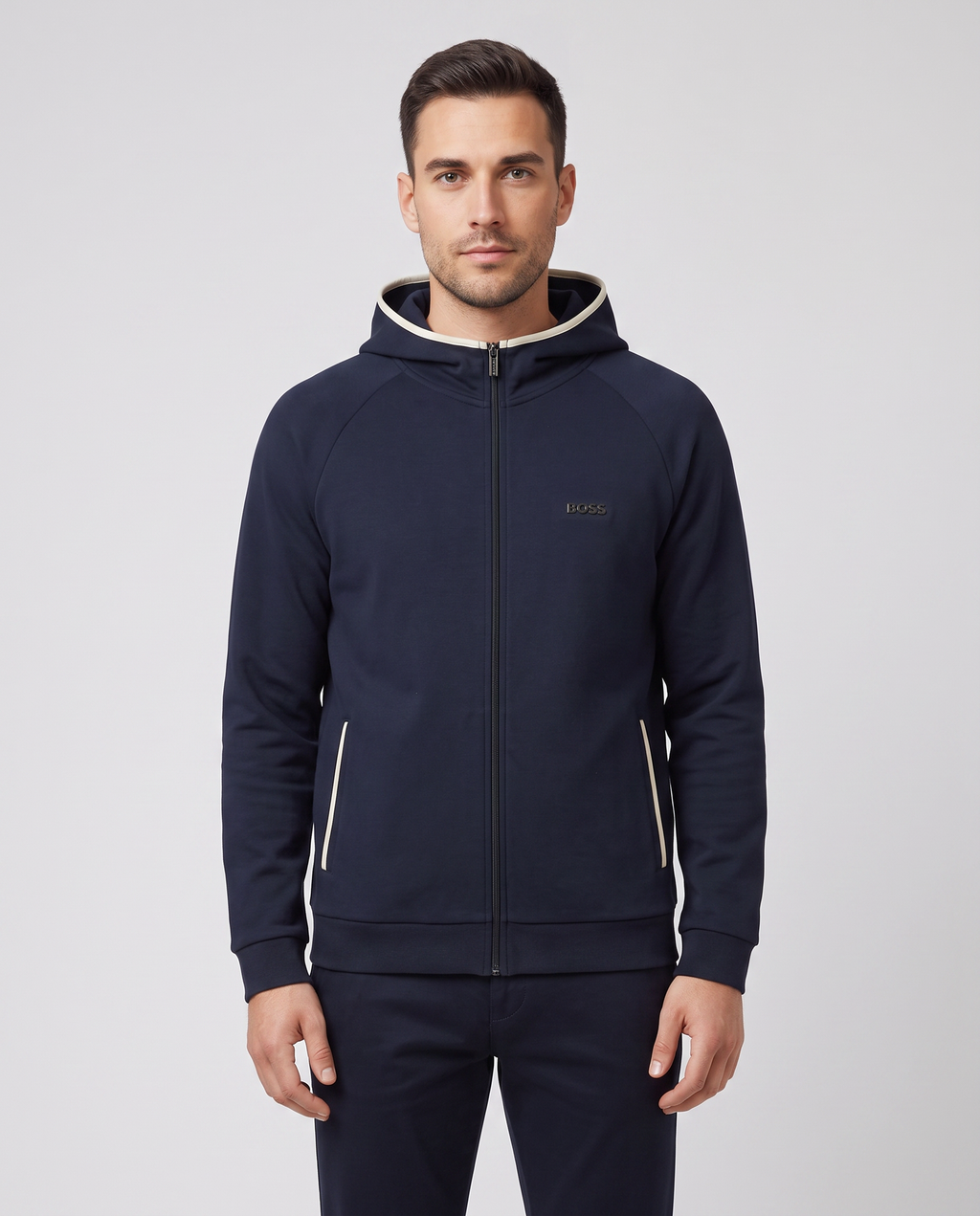 BOSS Black Sense Hooded Jacket Dark Blue — on model
