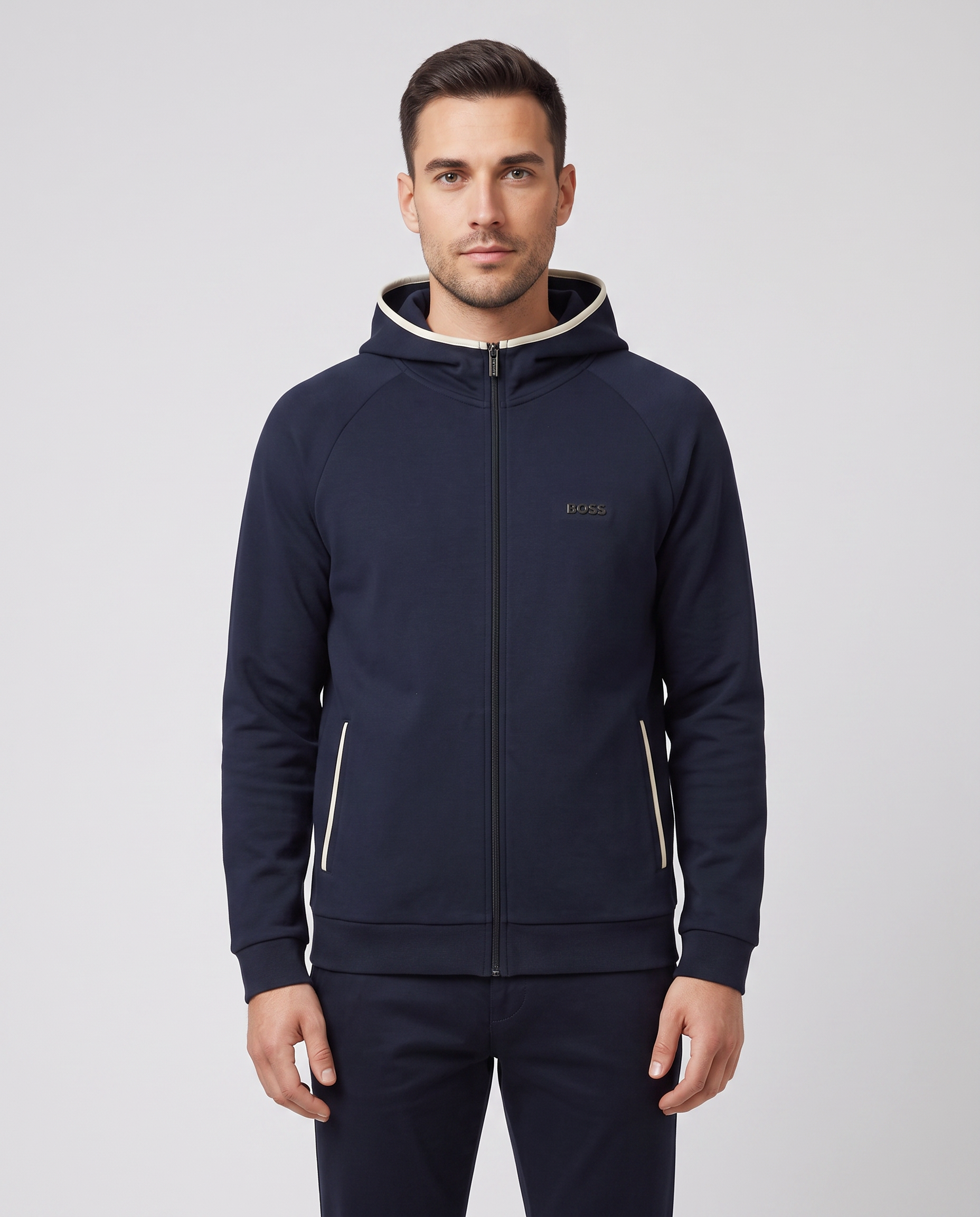 BOSS Black Sense Hooded Jacket Dark Blue — on model