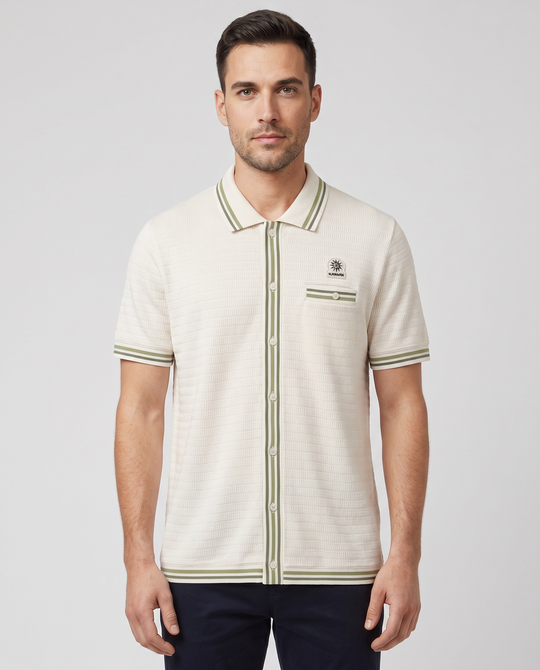 Men's Sandbanks Stone Textured Full Button Polo Shirt
