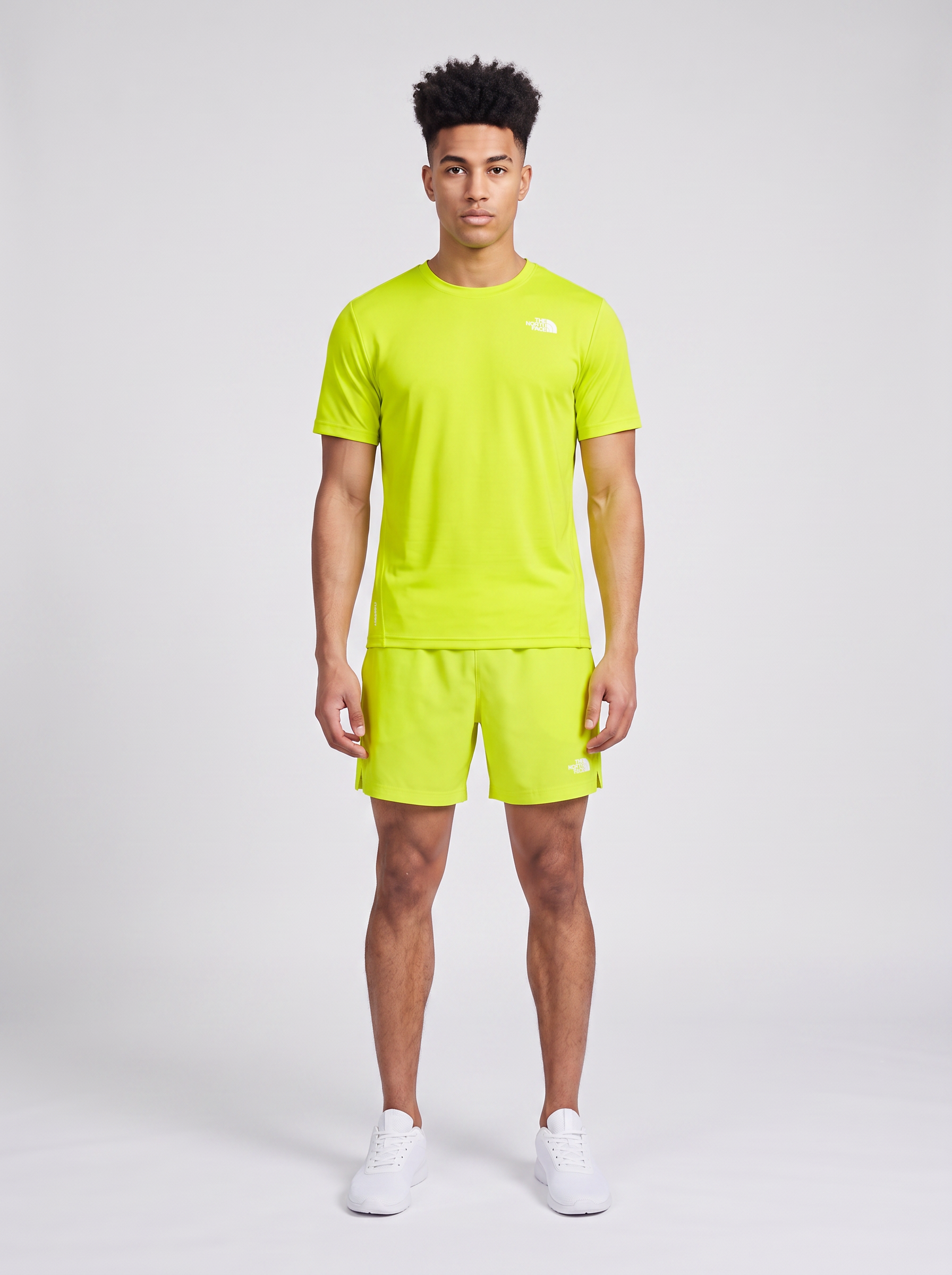 Mens The North Face 24/7 S/S Fizz Lime T Shirt & Short Set — on model