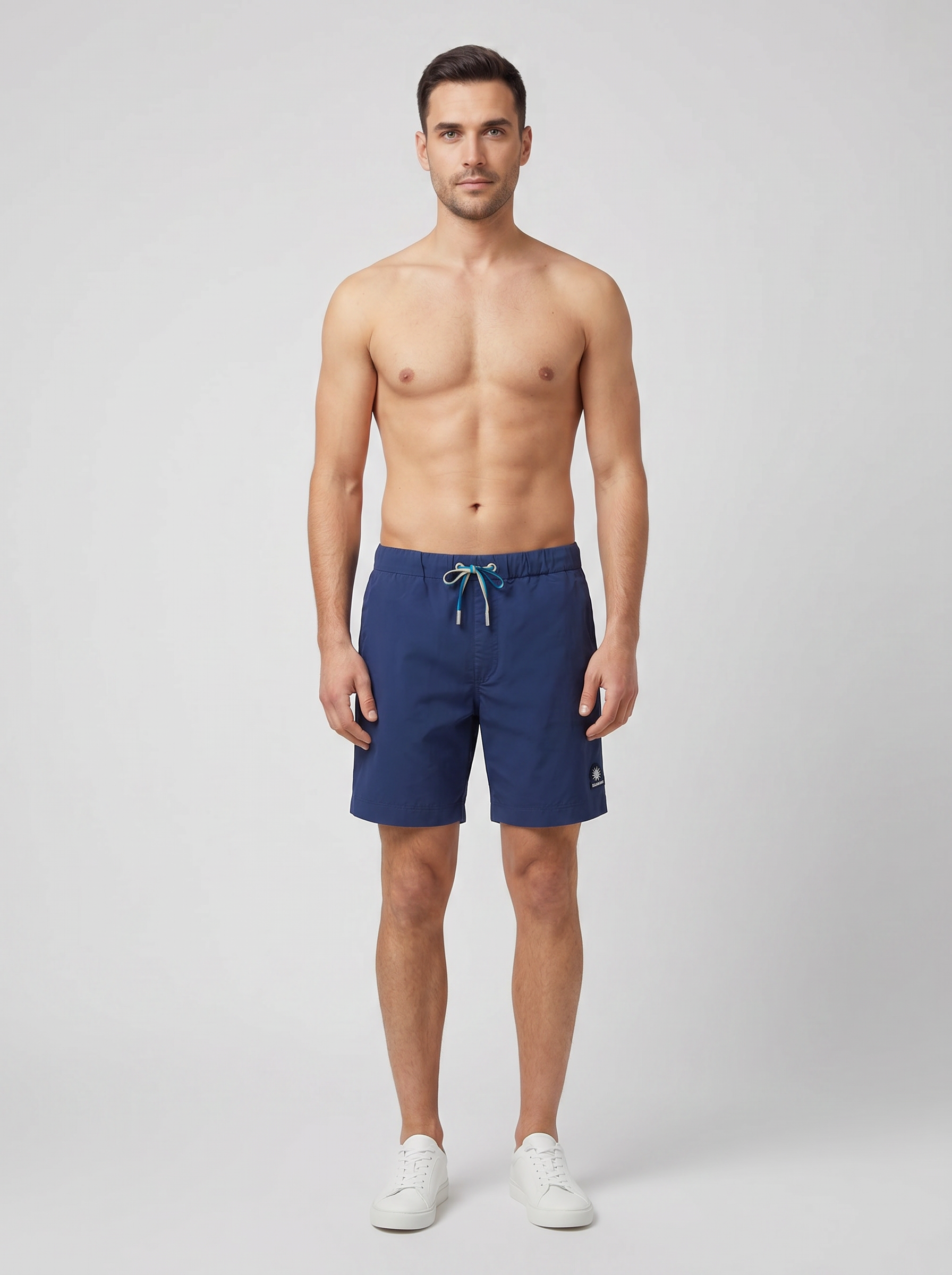 Men's Sandbanks Navy Relaxed Cotton Drawstring Short — on model