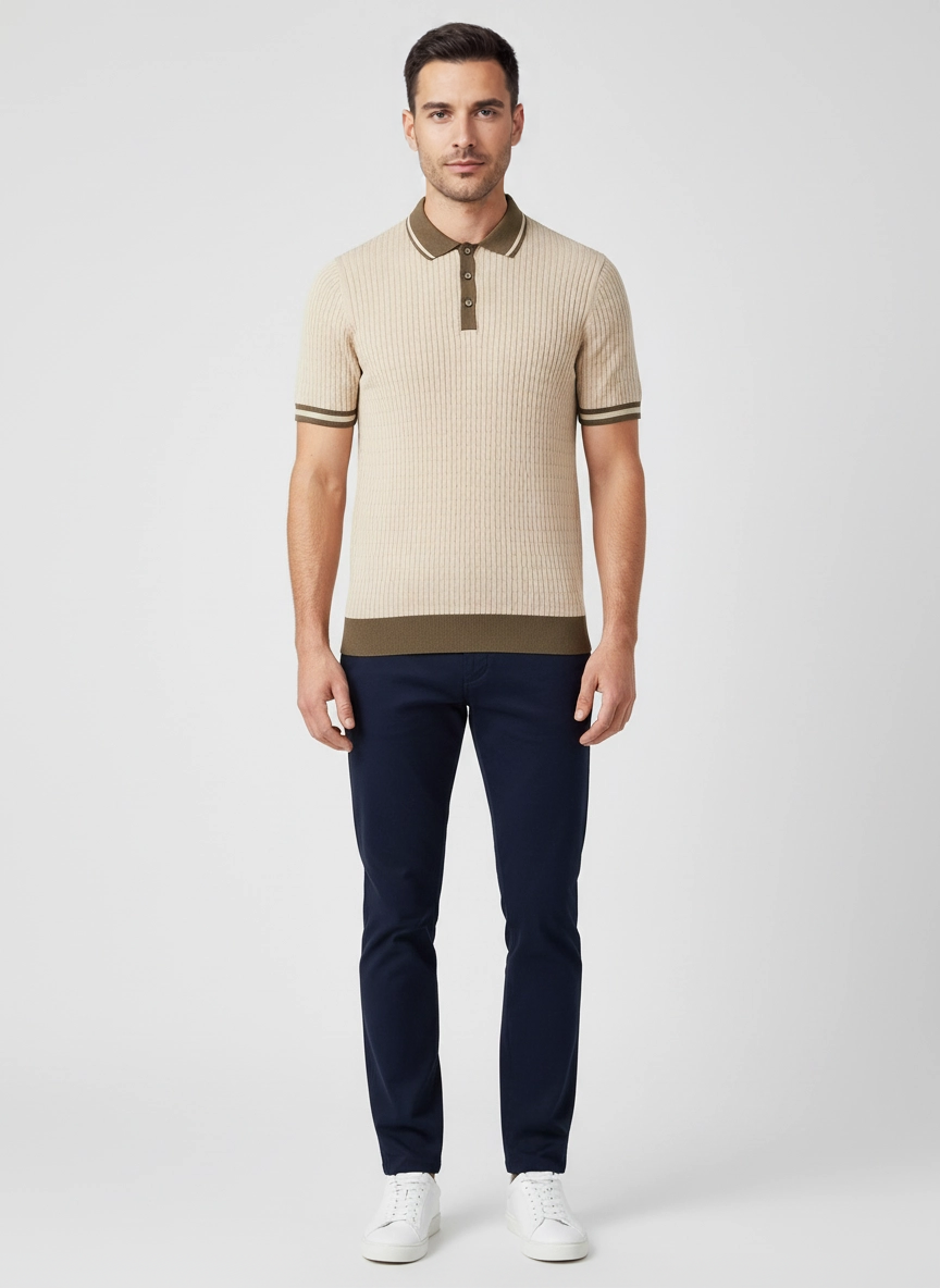 Men's Gran Sasso Beige Cable Knit 3 Button Polo Shirt