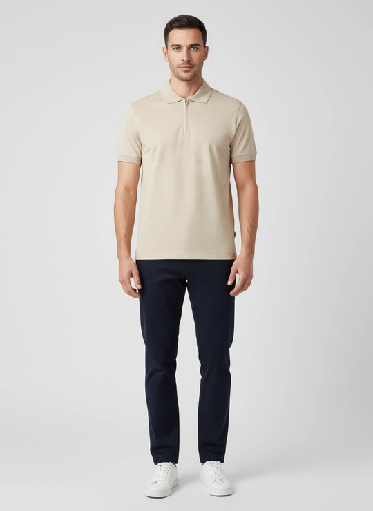 Men's Pal Zileri Mercerised Beige All Over Logo Monogram Embroidery 1/4 Zip Polo Shirt