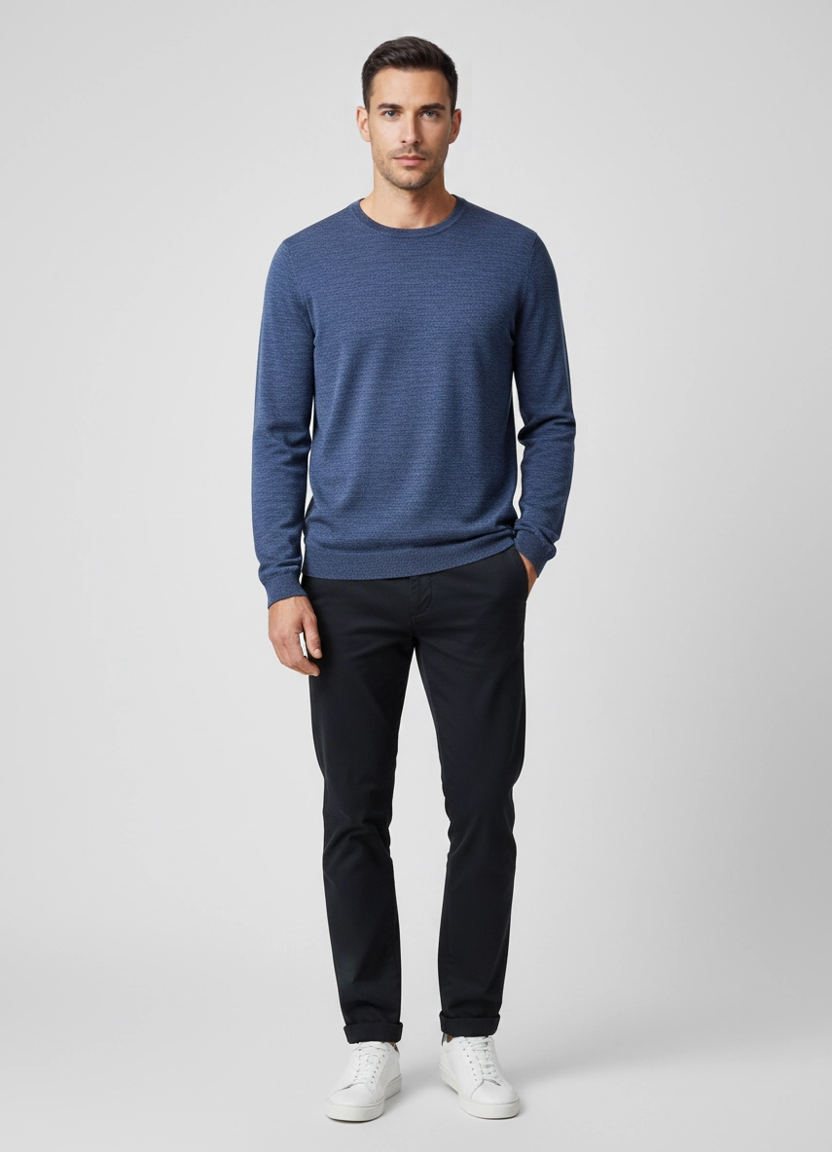 Men's BOSS Black Leno-P Dark Blue Crew Neck Knitwear on model
