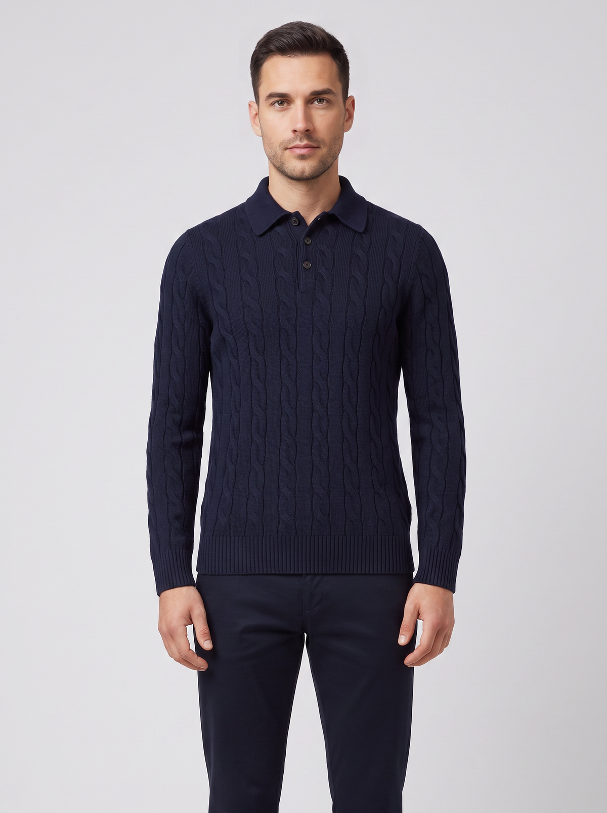 Men's Gran Sasso Navy Long Sleeve Cable Knitted Polo — on model