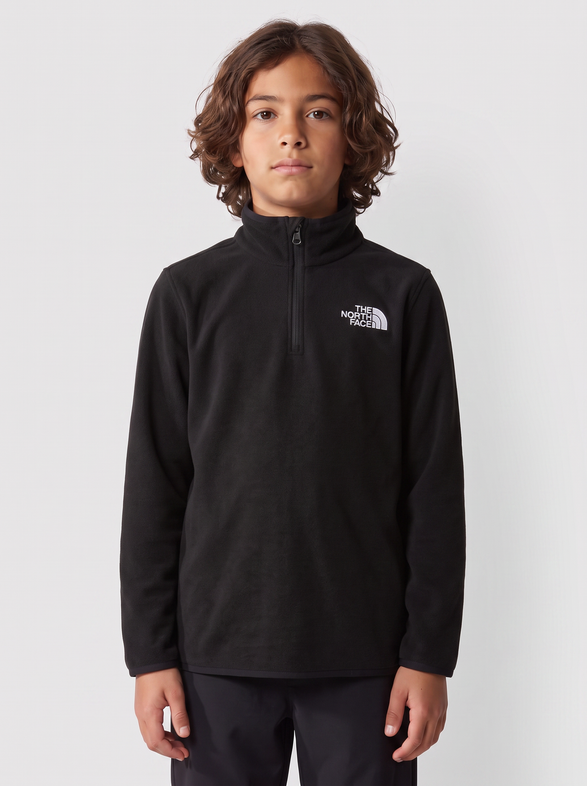 Boys The North Face Teen Glacier 1/4 Zip Black Fleece — on model