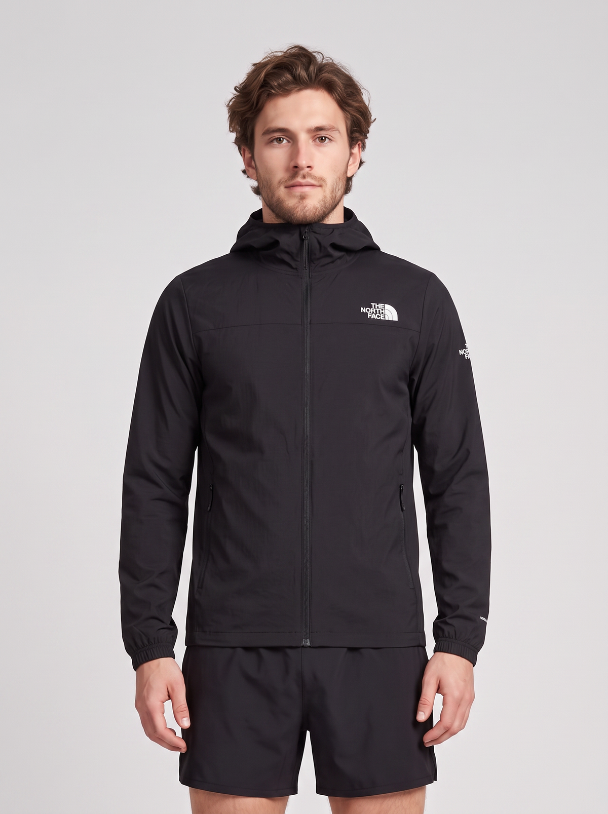 Men's The North Face Black Mountain Athletics Hooded Wind Jacket — on model