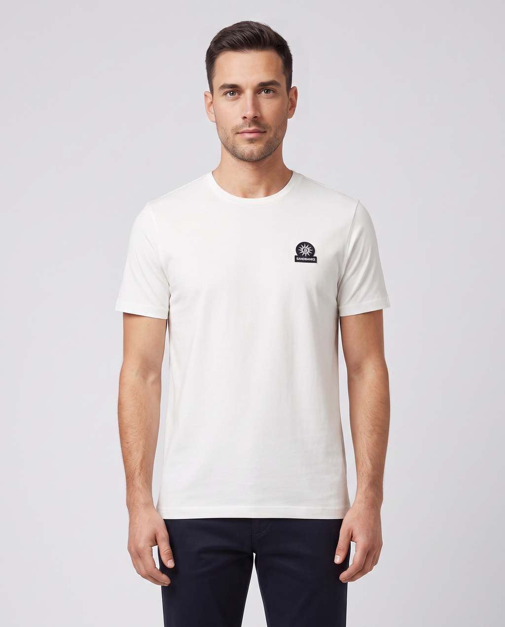 Men's Sandbanks Badge Logo White T Shirt — on model