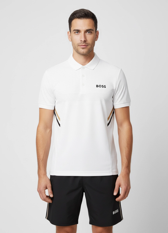 Mens BOSS Green White Paule TOC Polo Shirt & BOSS Green Black S_T-Match 9 inch Shorts Set