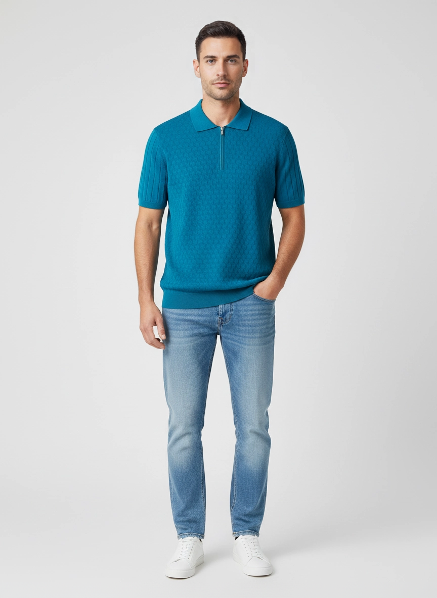 Men's Pal Zileri Teal Blue Zip Up Knitted Polo on model