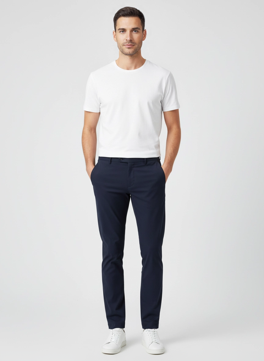 Mens BOSS Black P-Genius Dark Blue Tech Trouser on model