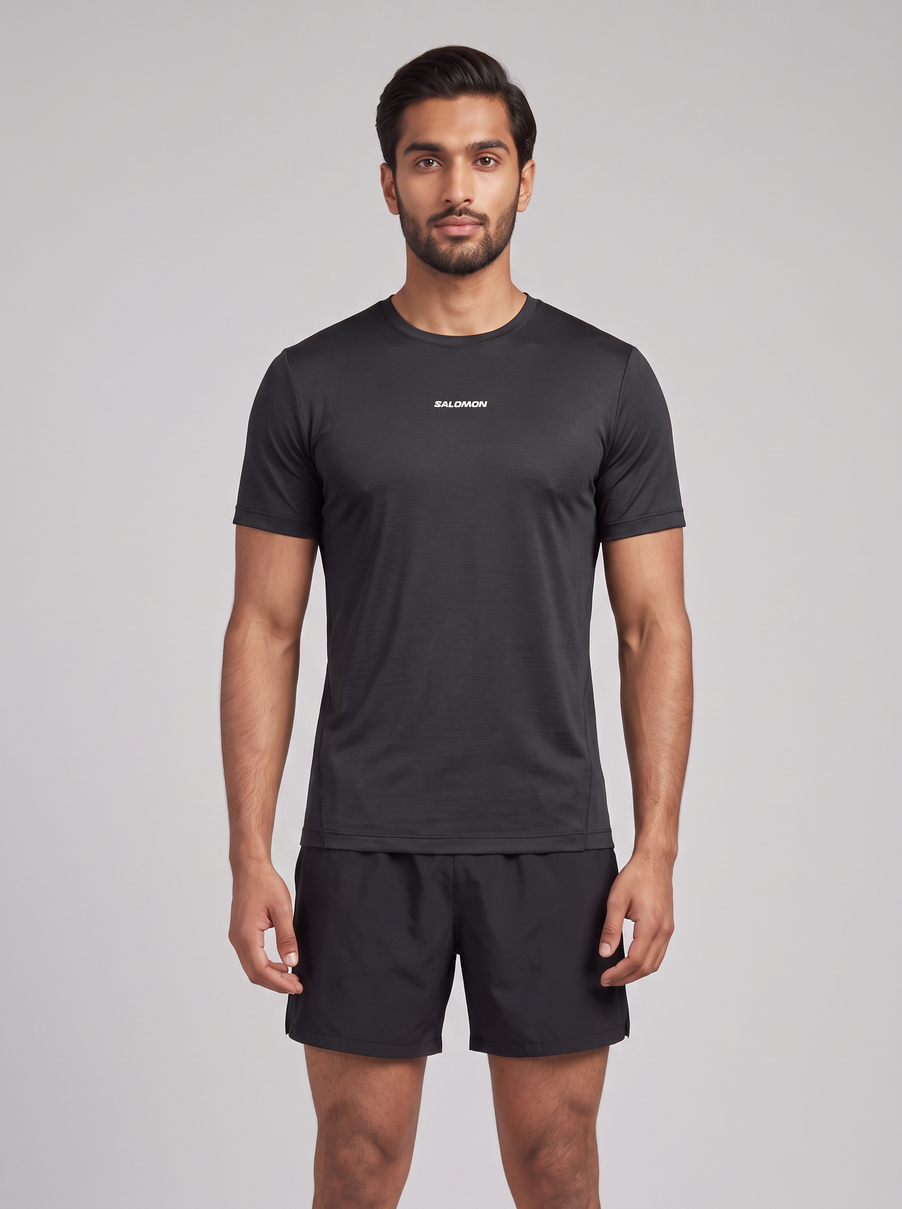 Men's Salomon Deep Black Shkout Core SS T Shirt — on model