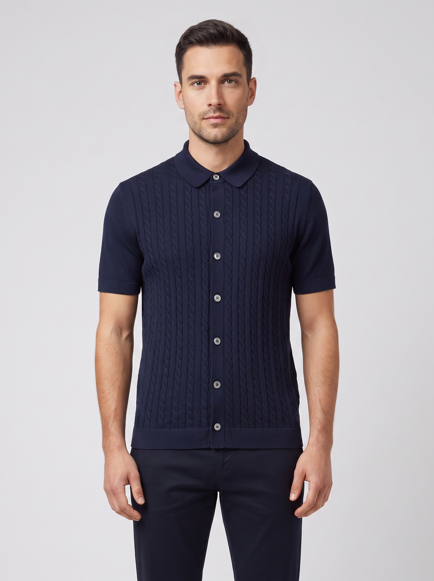 Men's Gran Sasso Navy Cable Knit Full Button Up Polo Shirt — on model
