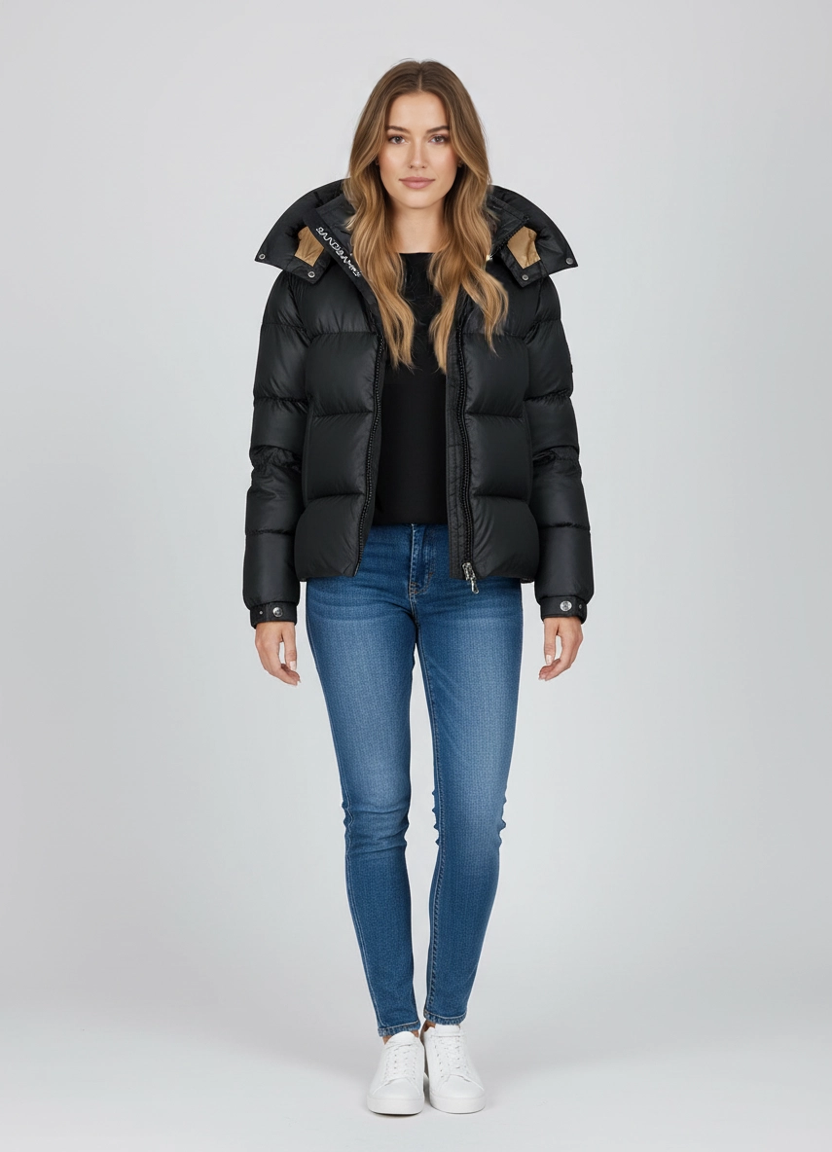 Women's Sandbanks Black Aurora Puffer Coat on model