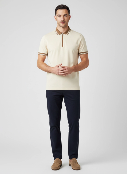 Men's Gran Sasso Beige Mercerised Zip Polo Shirt