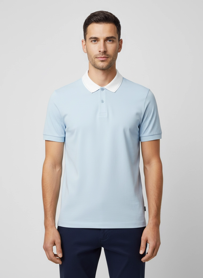 Mens BOSS Black H-Phillipson 199 Slim Fit Light Pastel Blue Polo Shirt on model