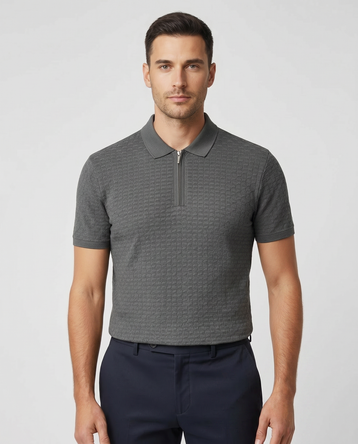 Mens Paul Smith REG FIT ZIP FRONT POLO Grey Polo Shirts — on model