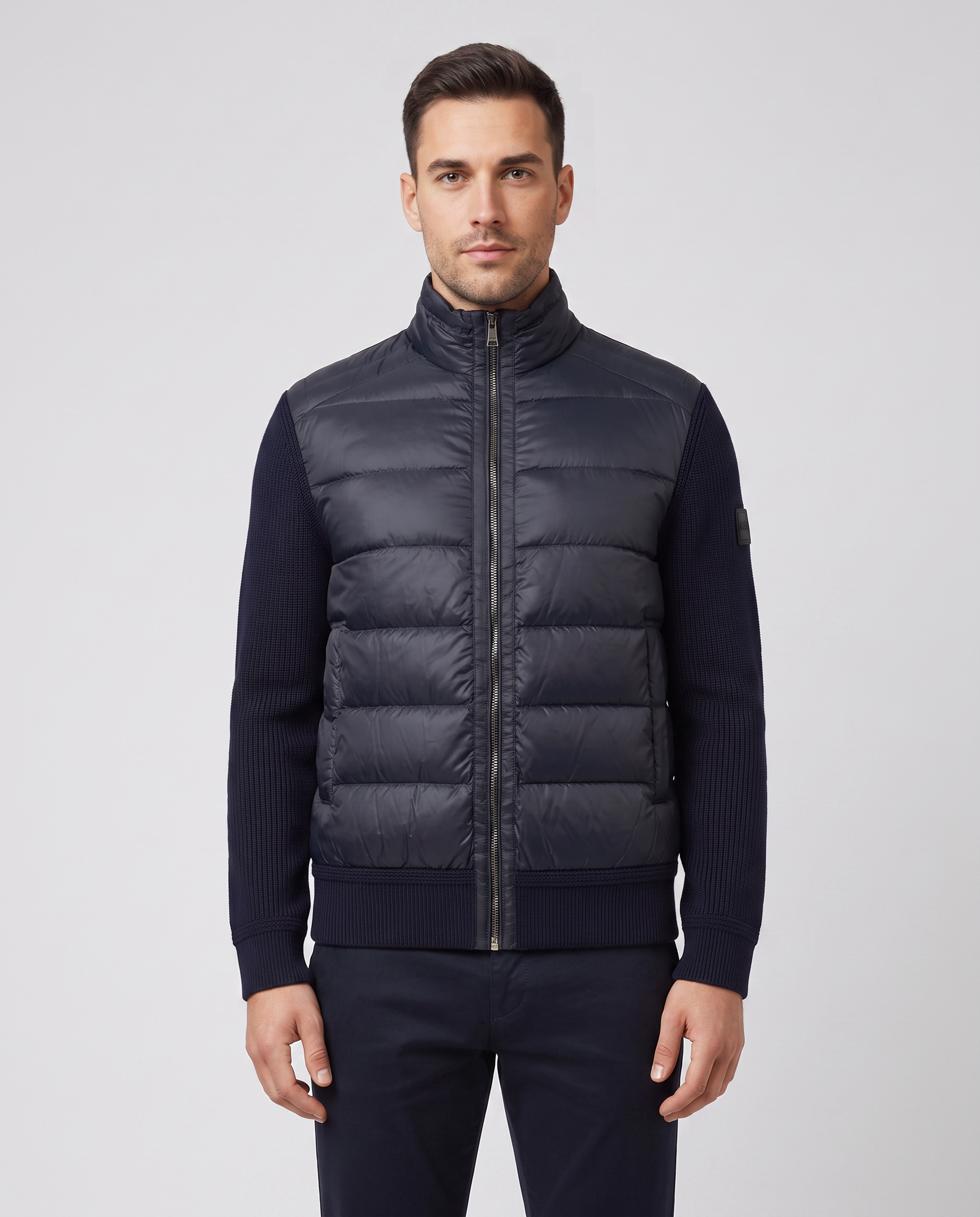 Mens Belstaff Compound Cardigan Down Dark Ink Knitwear — on model