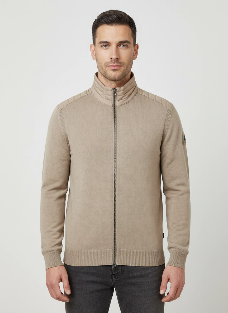 Mens Belstaff Kelby Zip Dark Sand Knitwear on model