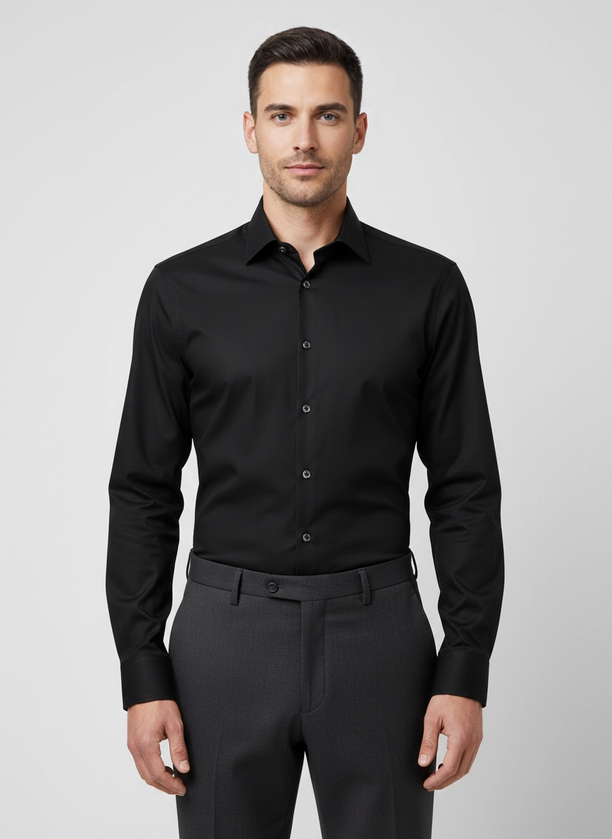 Men's Pal Zileri Black Mercerised Long Sleeve Shirt on model