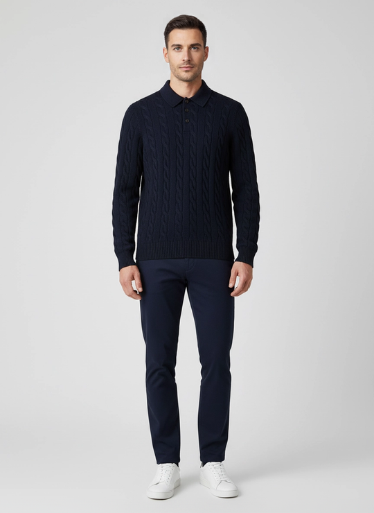 Men's Gran Sasso Navy Long Sleeve Cable Knit Polo Shirt
