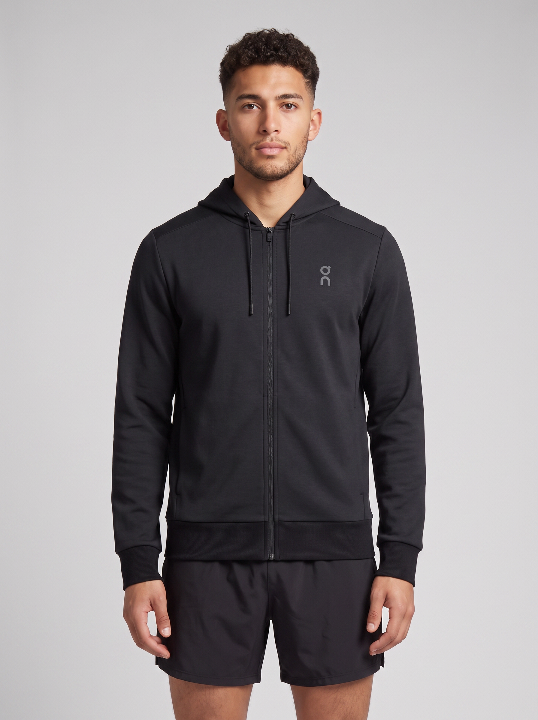 Men's On Running Black Focus Tech Zipped Hoodie — on model